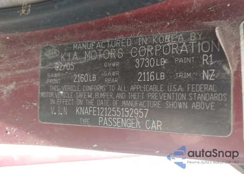 2005 Kia Spectra Ex/Lx/Sx из США, поврежденный, VIN KNAFE121255152957